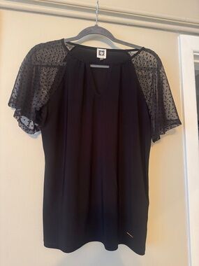 Anne Klein Black Dot Mesh Sleeve Short-Sleeve Top